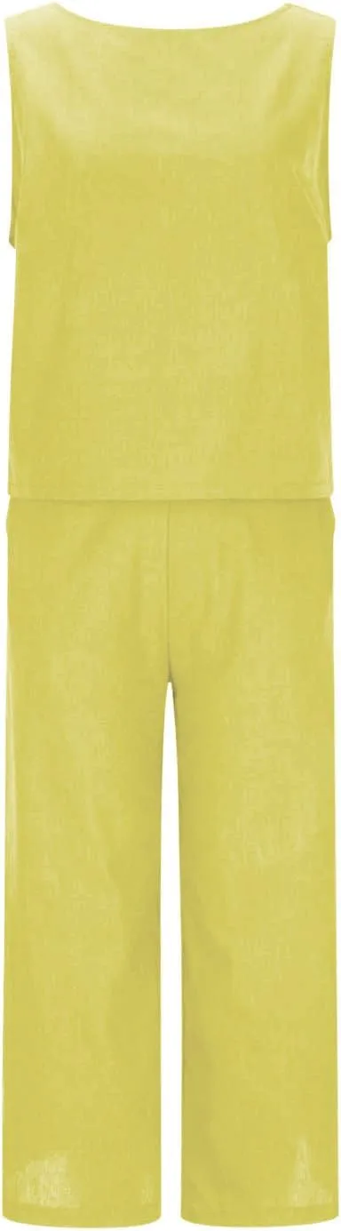 Women's Summer Cotton Linen 2 Piece Outfits Sleeveless Crop Top Capri Wide Leg Pants Trendy Lounge Beach Travel Sets