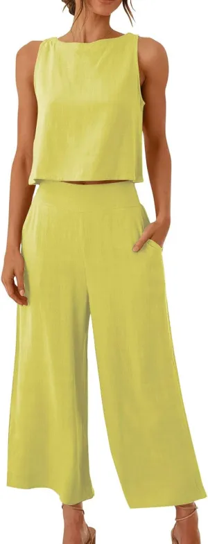 Women's Summer Cotton Linen 2 Piece Outfits Sleeveless Crop Top Capri Wide Leg Pants Trendy Lounge Beach Travel Sets