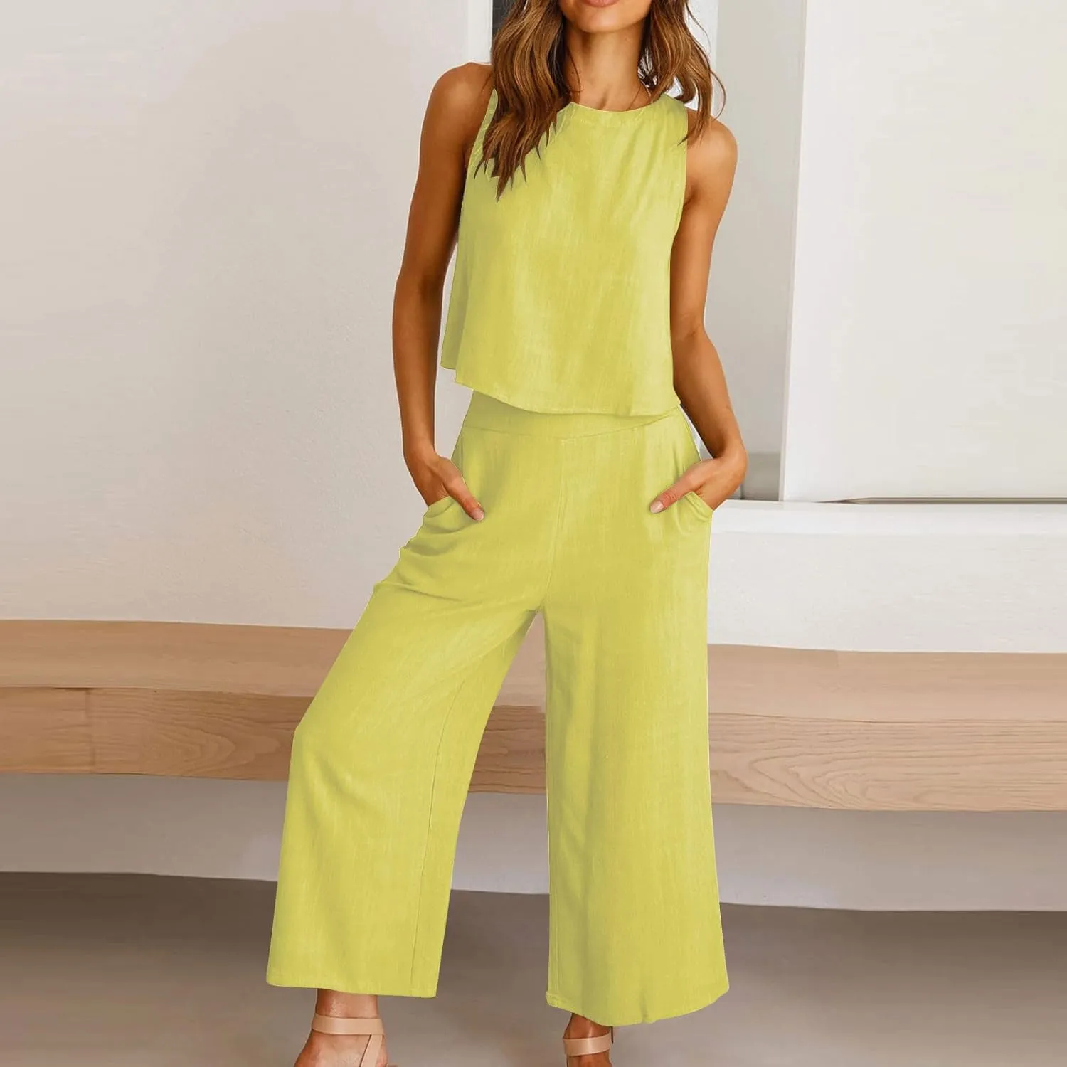 Women's Summer Cotton Linen 2 Piece Outfits Sleeveless Crop Top Capri Wide Leg Pants Trendy Lounge Beach Travel Sets