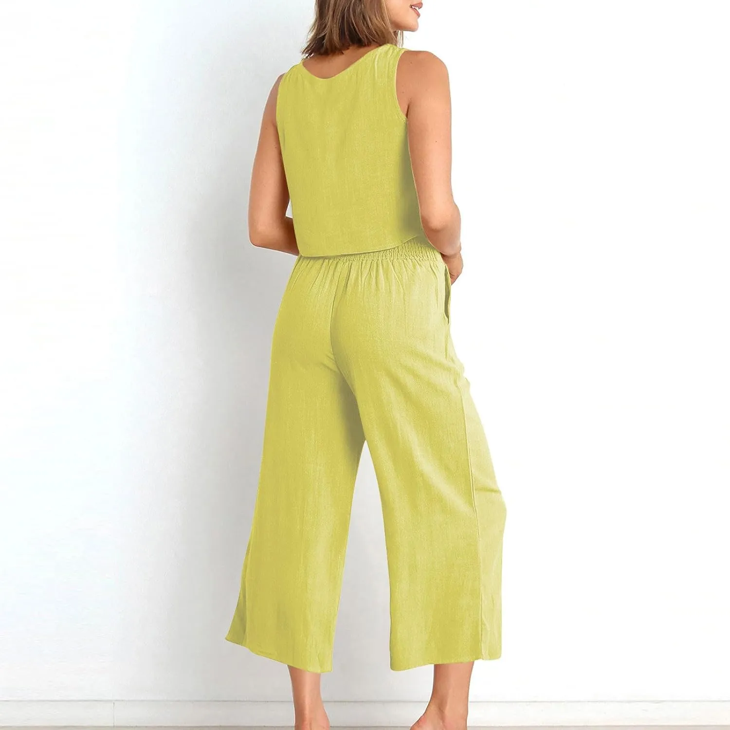 Women's Summer Cotton Linen 2 Piece Outfits Sleeveless Crop Top Capri Wide Leg Pants Trendy Lounge Beach Travel Sets