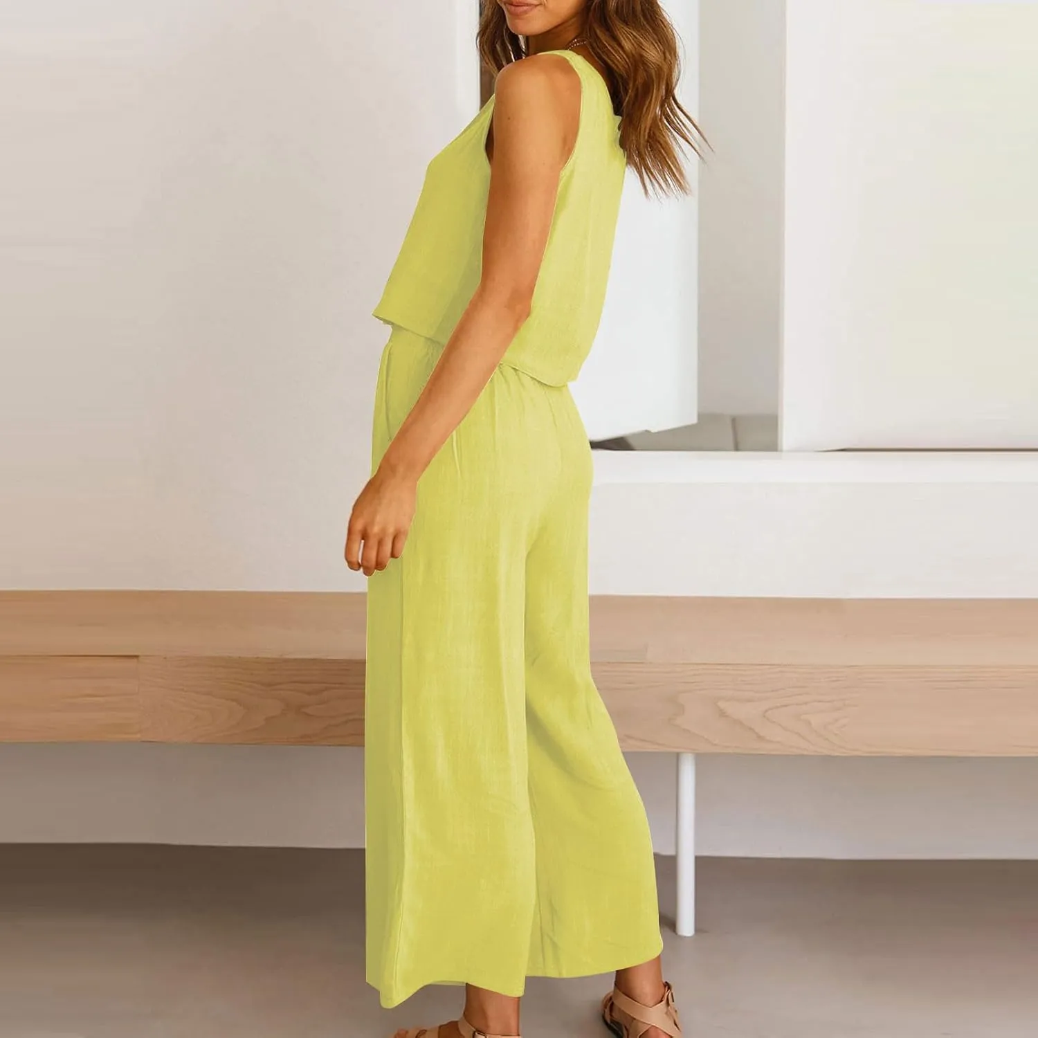 Women's Summer Cotton Linen 2 Piece Outfits Sleeveless Crop Top Capri Wide Leg Pants Trendy Lounge Beach Travel Sets