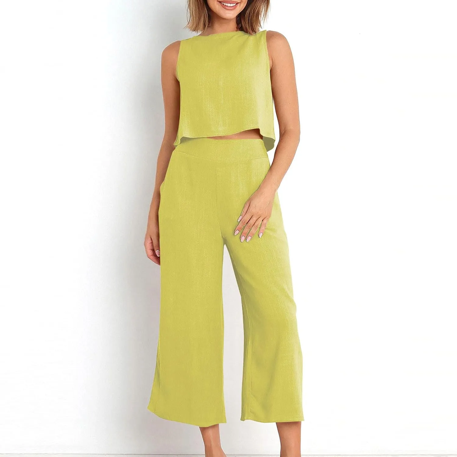 Women's Summer Cotton Linen 2 Piece Outfits Sleeveless Crop Top Capri Wide Leg Pants Trendy Lounge Beach Travel Sets