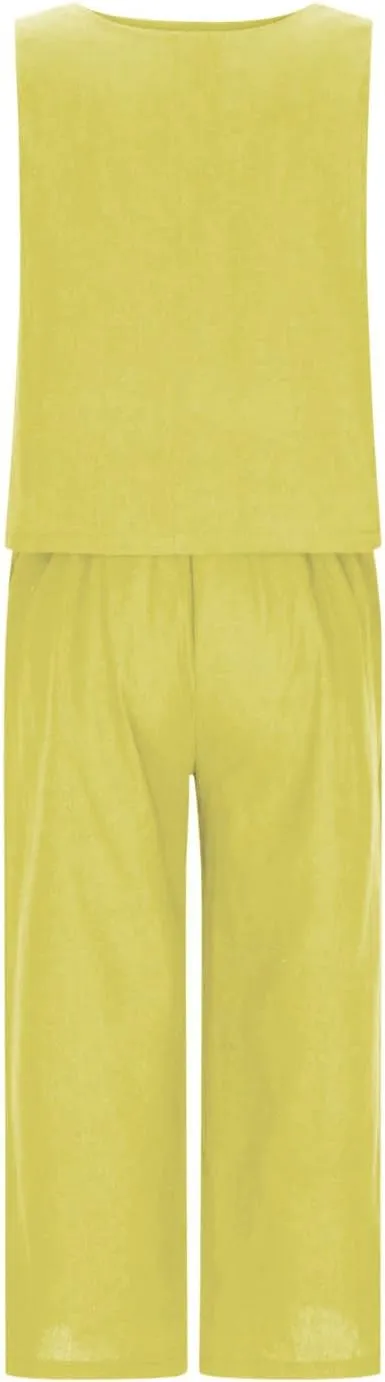 Women's Summer Cotton Linen 2 Piece Outfits Sleeveless Crop Top Capri Wide Leg Pants Trendy Lounge Beach Travel Sets