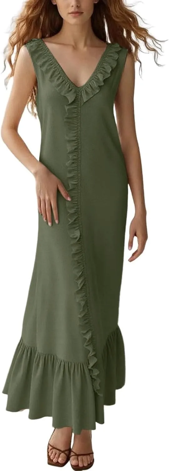 Womens Summer Dresses for Wedding Guest Classy V Neck Sleeveless Ruffle Hem Formal Dress Vacation Cowgirl Outfits for Women