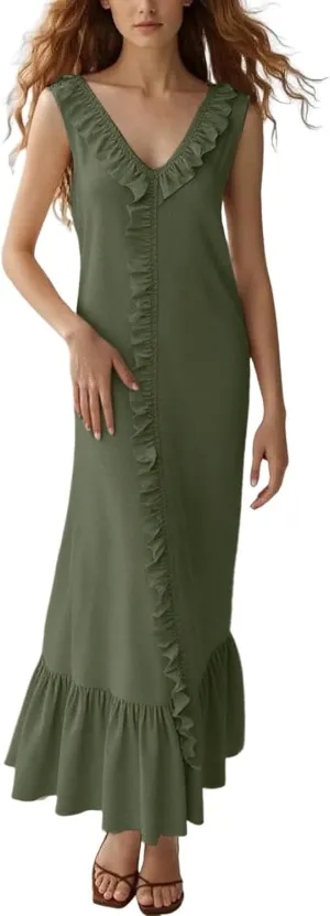 Womens Summer Dresses for Wedding Guest Classy V Neck Sleeveless Ruffle Hem Formal Dress Vacation Cowgirl Outfits for Women