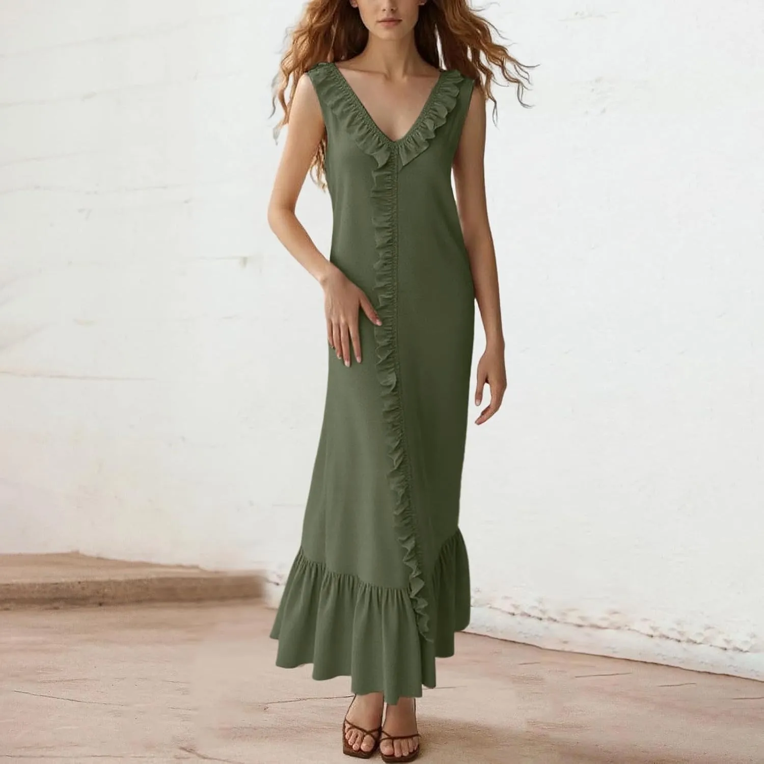 Womens Summer Dresses for Wedding Guest Classy V Neck Sleeveless Ruffle Hem Formal Dress Vacation Cowgirl Outfits for Women