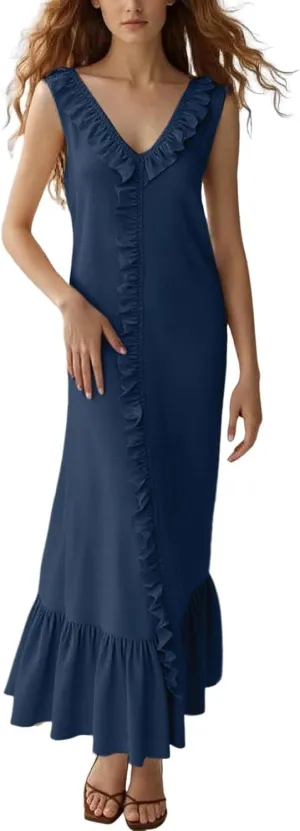 Womens Summer Dresses for Wedding Guest Classy V Neck Sleeveless Ruffle Hem Formal Dress Vacation Cowgirl Outfits for Women