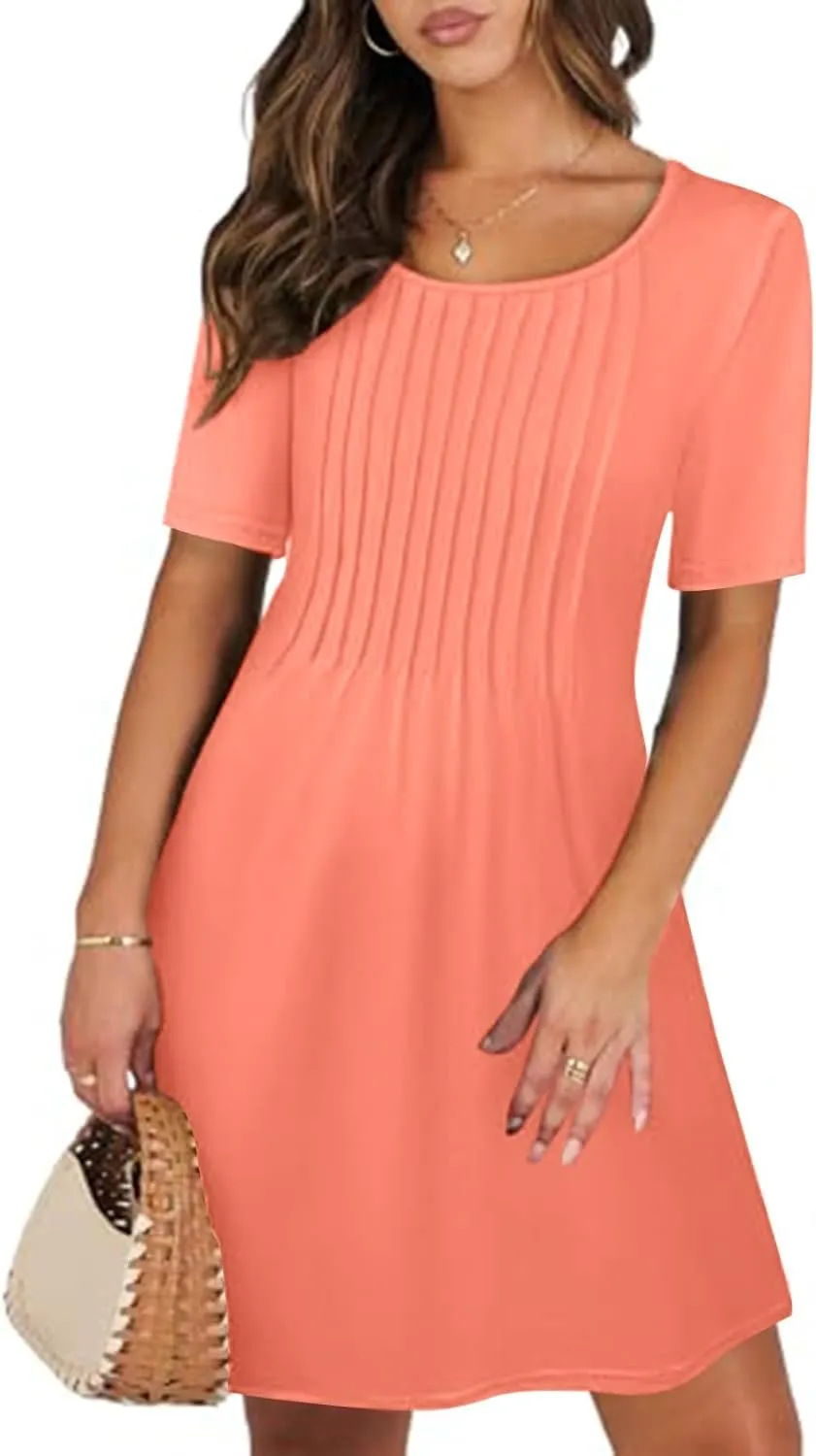 Women's Summer Dresses Pleated Dressy Casual Scooped Neck Beach Vacation T-Shirts Dresses Fashion Short Tunic Dresses