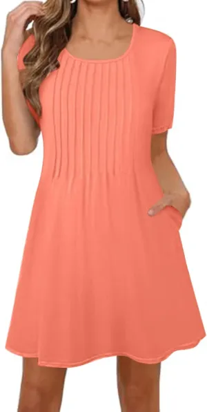 Women's Summer Dresses Pleated Dressy Casual Scooped Neck Beach Vacation T-Shirts Dresses Fashion Short Tunic Dresses