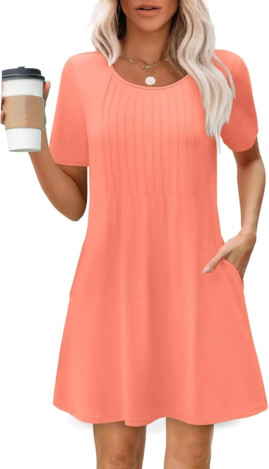 Women's Summer Dresses Pleated Dressy Casual Scooped Neck Beach Vacation T-Shirts Dresses Fashion Short Tunic Dresses