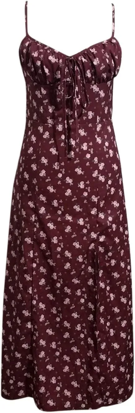 Womens Summer Dresses Sleeveless Deep Neck Side Slit Sexy Slip Dresses Floral Printed Tummy Dresses for Women