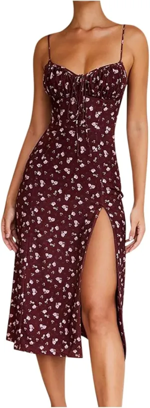 Womens Summer Dresses Sleeveless Deep Neck Side Slit Sexy Slip Dresses Floral Printed Tummy Dresses for Women