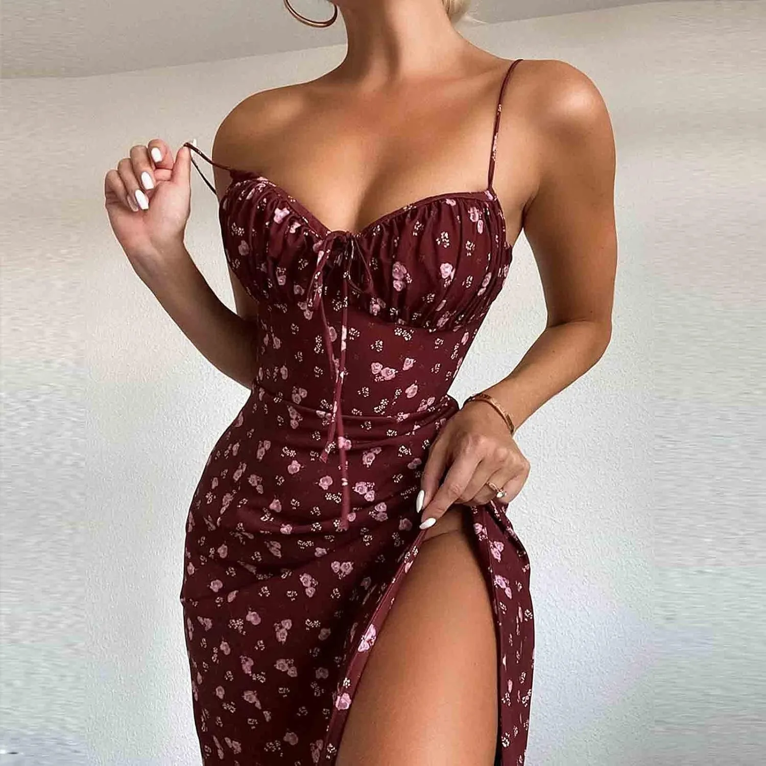 Womens Summer Dresses Sleeveless Deep Neck Side Slit Sexy Slip Dresses Floral Printed Tummy Dresses for Women