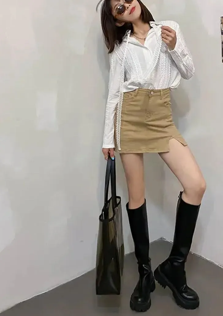 Women's Summer Korean A Line Denim Mini Skirts High Waist Slimming Side Slit Denim Skirts