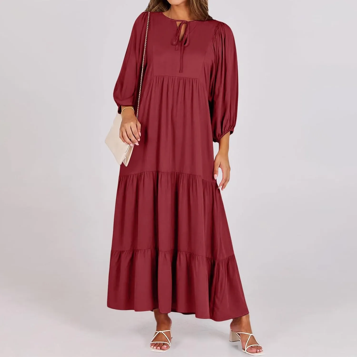 Womens Summer Maxi Dress V Neck Long Puff Sleeve Dresses 2025 Summer Casual A Line Flowy Swing Boho Dresses