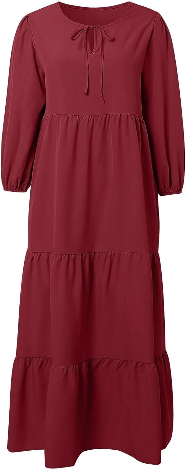 Womens Summer Maxi Dress V Neck Long Puff Sleeve Dresses 2025 Summer Casual A Line Flowy Swing Boho Dresses
