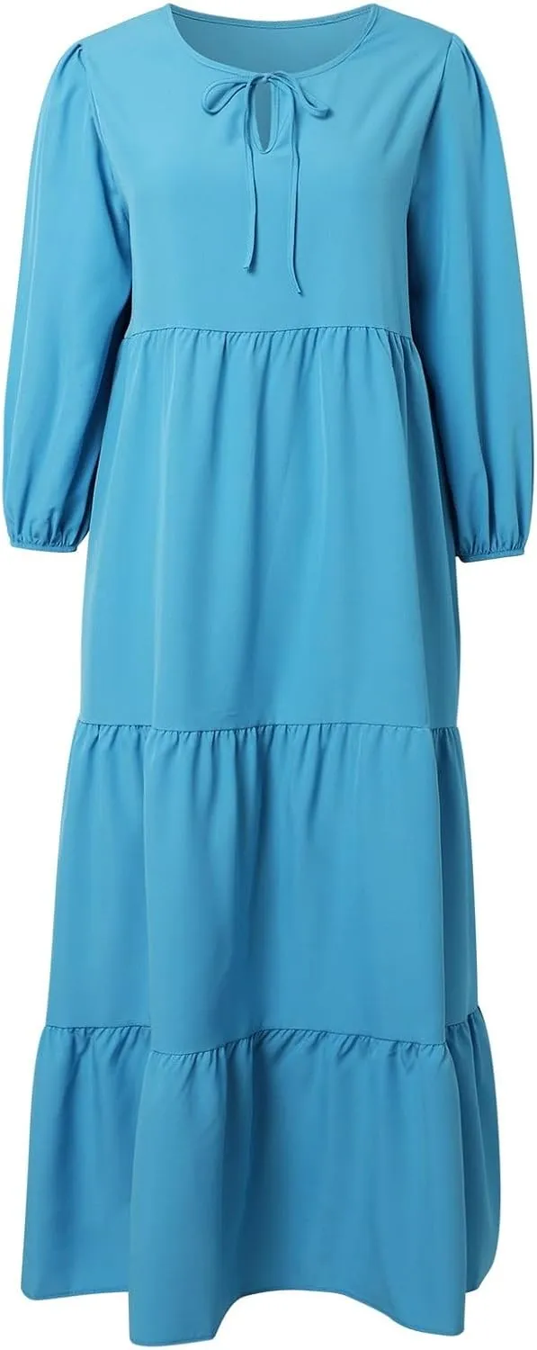 Womens Summer Maxi Dress V Neck Long Puff Sleeve Dresses 2025 Summer Casual A Line Flowy Swing Boho Dresses