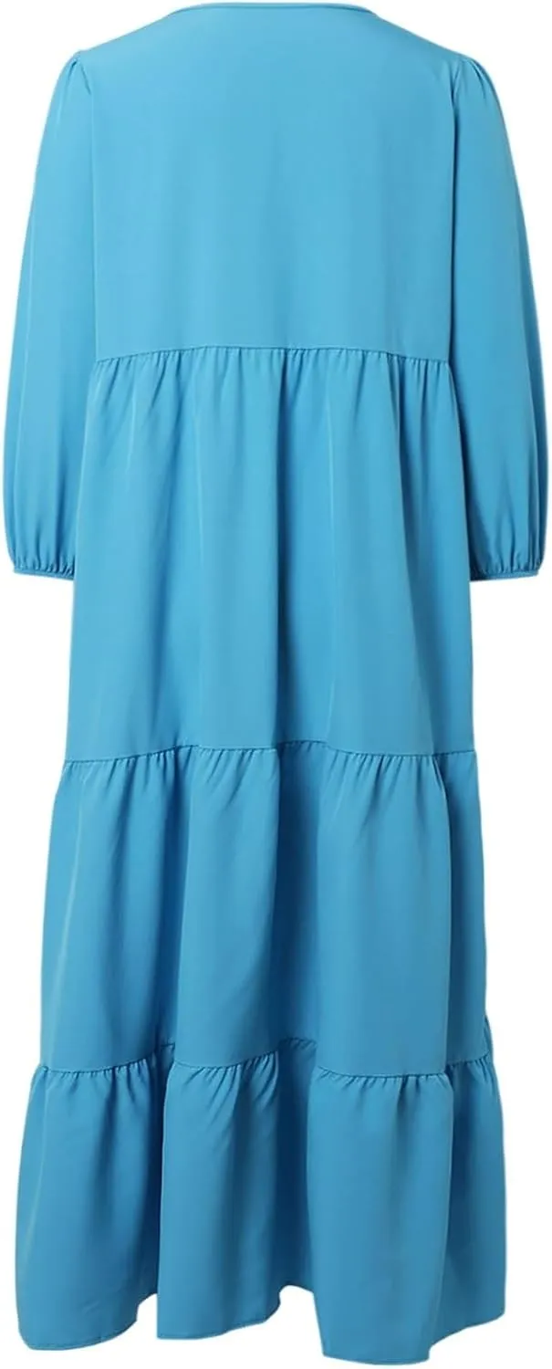 Womens Summer Maxi Dress V Neck Long Puff Sleeve Dresses 2025 Summer Casual A Line Flowy Swing Boho Dresses