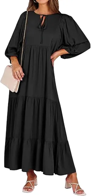 Womens Summer Maxi Dress V Neck Long Puff Sleeve Dresses 2025 Summer Casual A Line Flowy Swing Boho Dresses