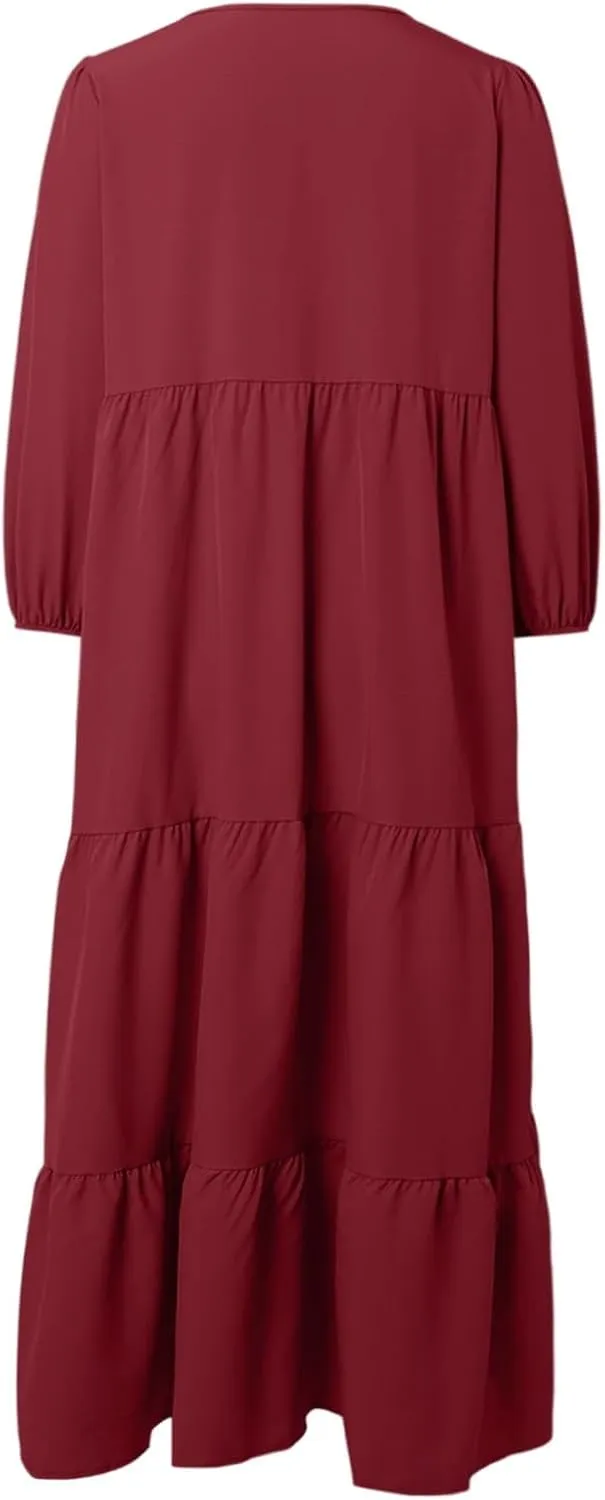 Womens Summer Maxi Dress V Neck Long Puff Sleeve Dresses 2025 Summer Casual A Line Flowy Swing Boho Dresses