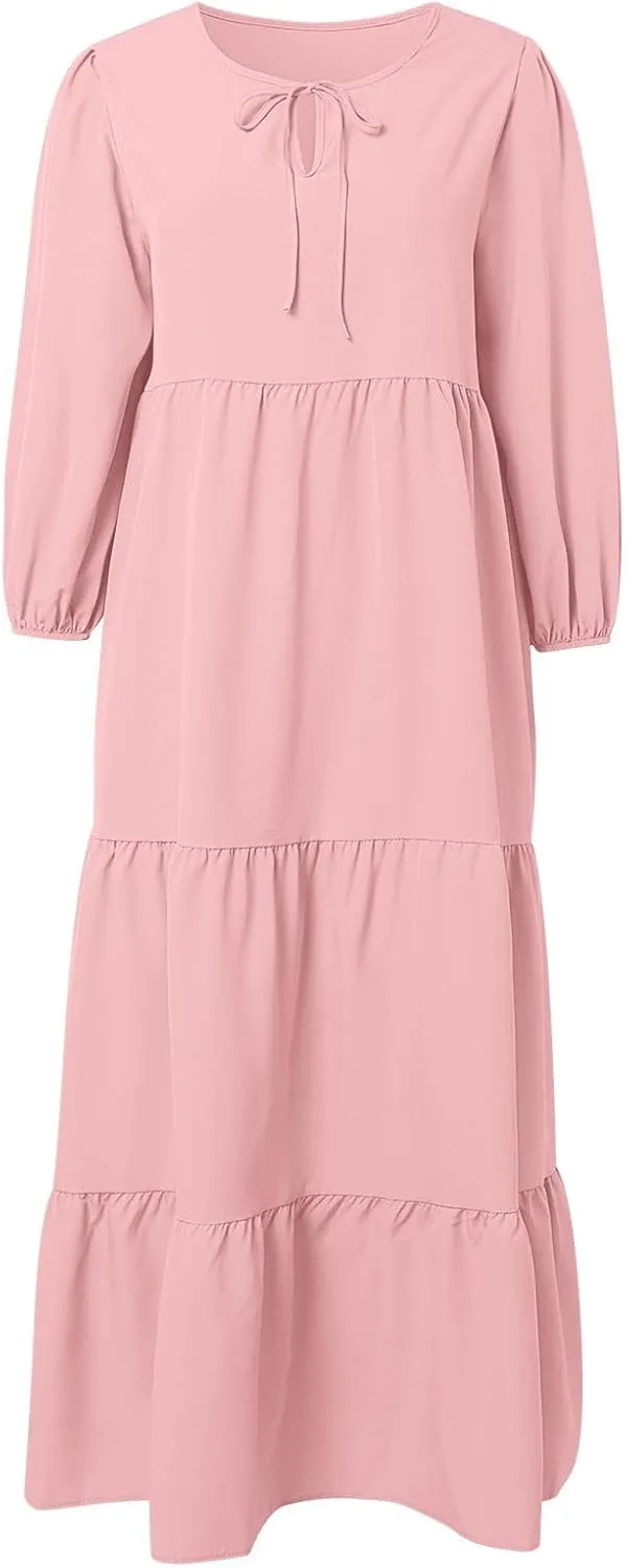 Womens Summer Maxi Dress V Neck Long Puff Sleeve Dresses 2025 Summer Casual A Line Flowy Swing Boho Dresses