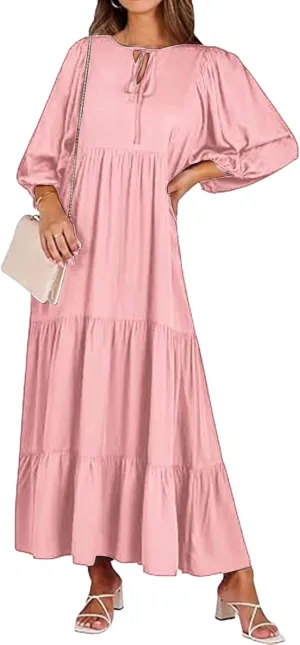 Womens Summer Maxi Dress V Neck Long Puff Sleeve Dresses 2025 Summer Casual A Line Flowy Swing Boho Dresses