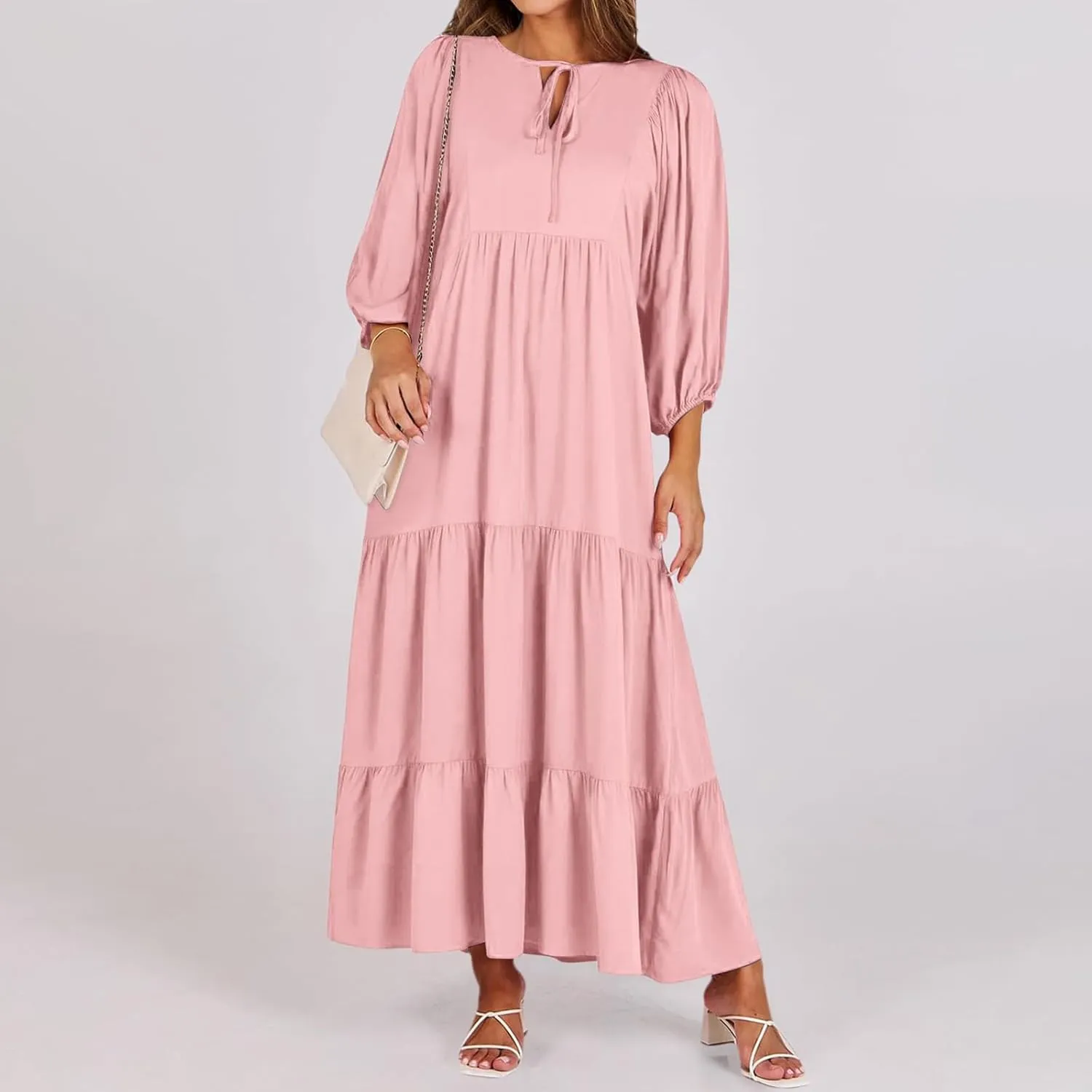 Womens Summer Maxi Dress V Neck Long Puff Sleeve Dresses 2025 Summer Casual A Line Flowy Swing Boho Dresses
