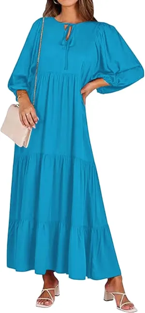 Womens Summer Maxi Dress V Neck Long Puff Sleeve Dresses 2025 Summer Casual A Line Flowy Swing Boho Dresses