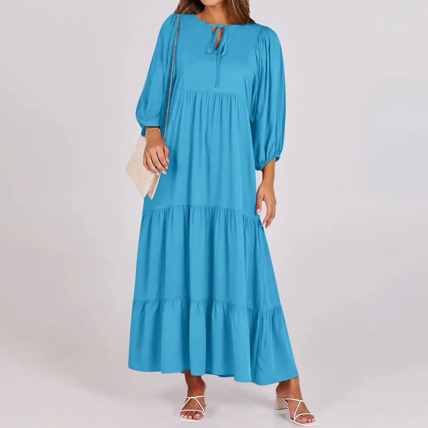 Womens Summer Maxi Dress V Neck Long Puff Sleeve Dresses 2025 Summer Casual A Line Flowy Swing Boho Dresses