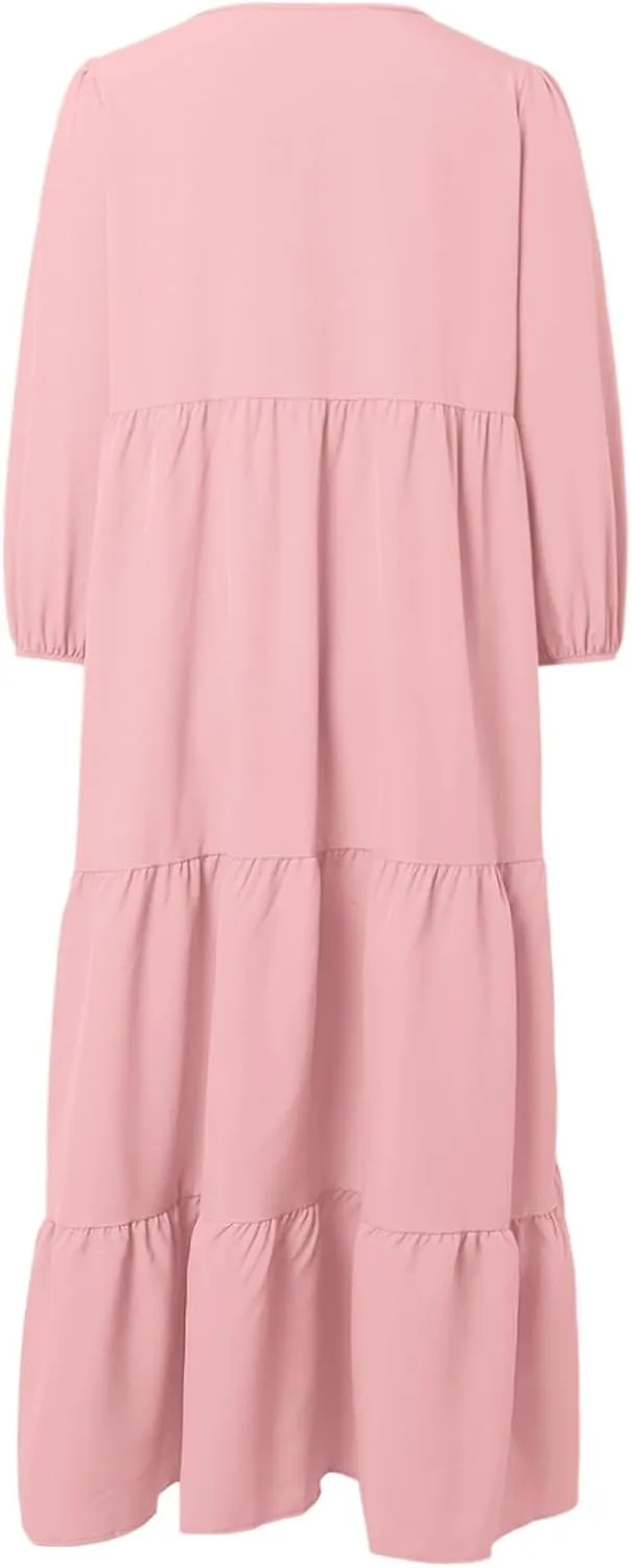 Womens Summer Maxi Dress V Neck Long Puff Sleeve Dresses 2025 Summer Casual A Line Flowy Swing Boho Dresses