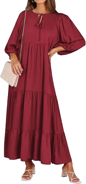 Womens Summer Maxi Dress V Neck Long Puff Sleeve Dresses 2025 Summer Casual A Line Flowy Swing Boho Dresses
