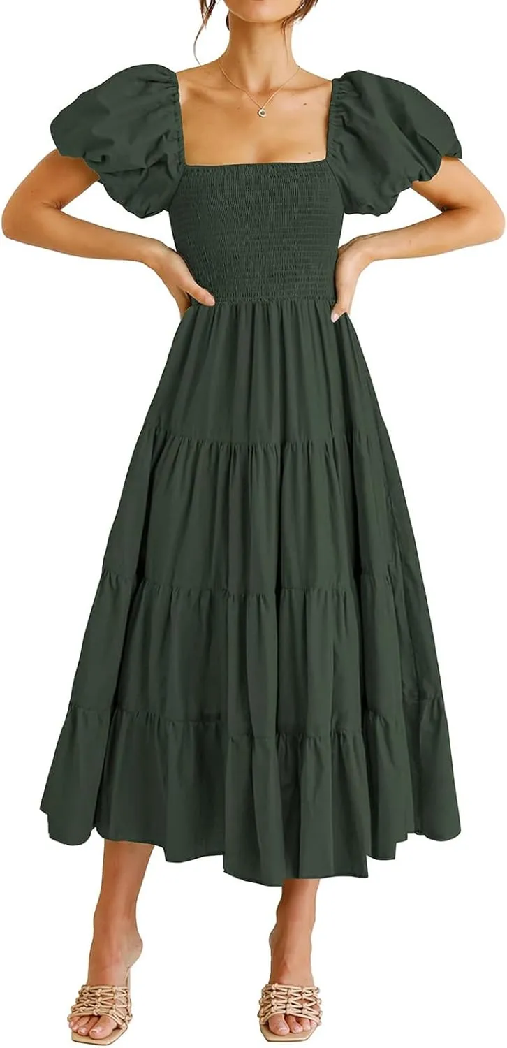 Womens Summer Midi Dresses Trendy Puff Short Sleeve Square Neck Dress Casual Tunic Tiered Ruffle Hem Beach Sundress