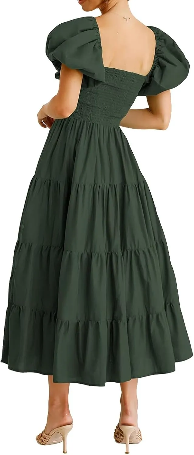 Womens Summer Midi Dresses Trendy Puff Short Sleeve Square Neck Dress Casual Tunic Tiered Ruffle Hem Beach Sundress