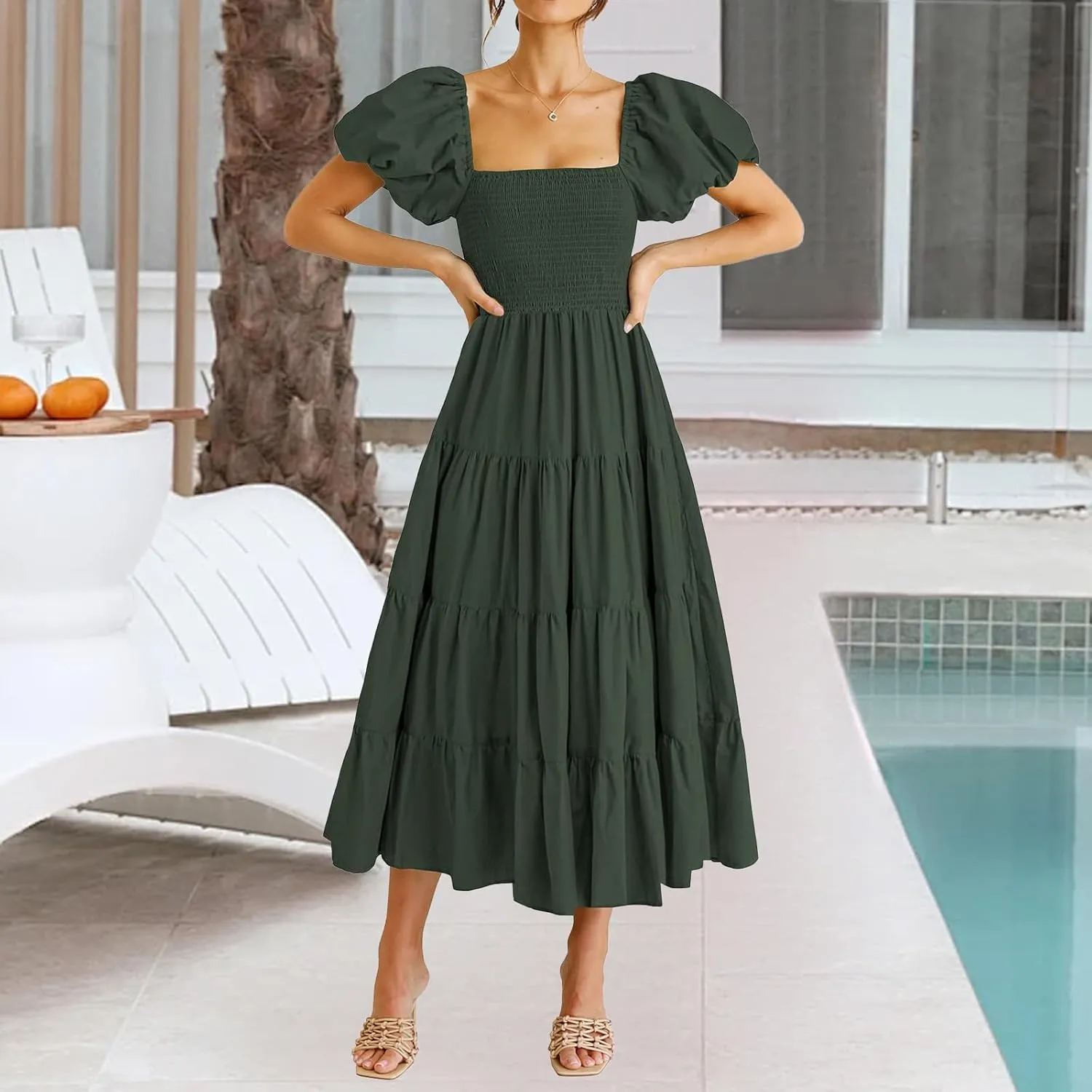 Womens Summer Midi Dresses Trendy Puff Short Sleeve Square Neck Dress Casual Tunic Tiered Ruffle Hem Beach Sundress