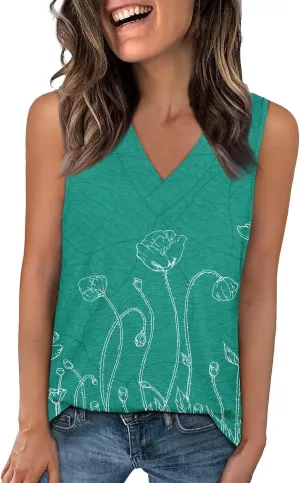 Womens Summer Tank Tops 2025 V Neck Sleeveless Casual Loose Fit T Shirts Fashion Vacation Outfits T-Shirt