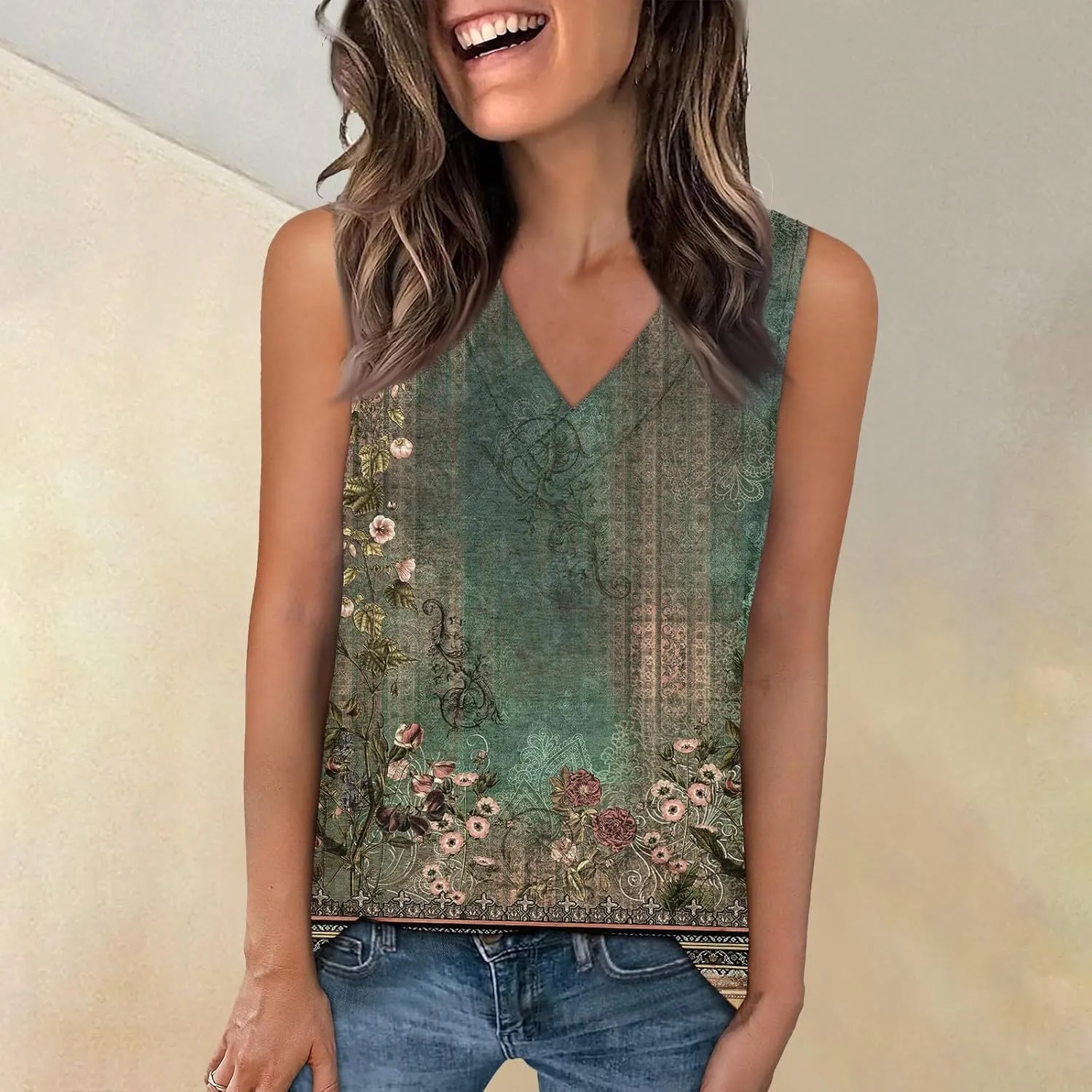 Womens Summer Tank Tops 2025 V Neck Sleeveless Casual Loose Fit T Shirts Fashion Vacation Outfits T-Shirt