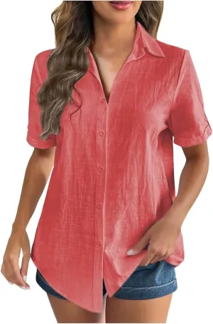 Womens Summer Tops 2025 Button Down Solid Color Short Sleeve T Shirts Plus Size Short Sleeve Casual Vacation Blouses