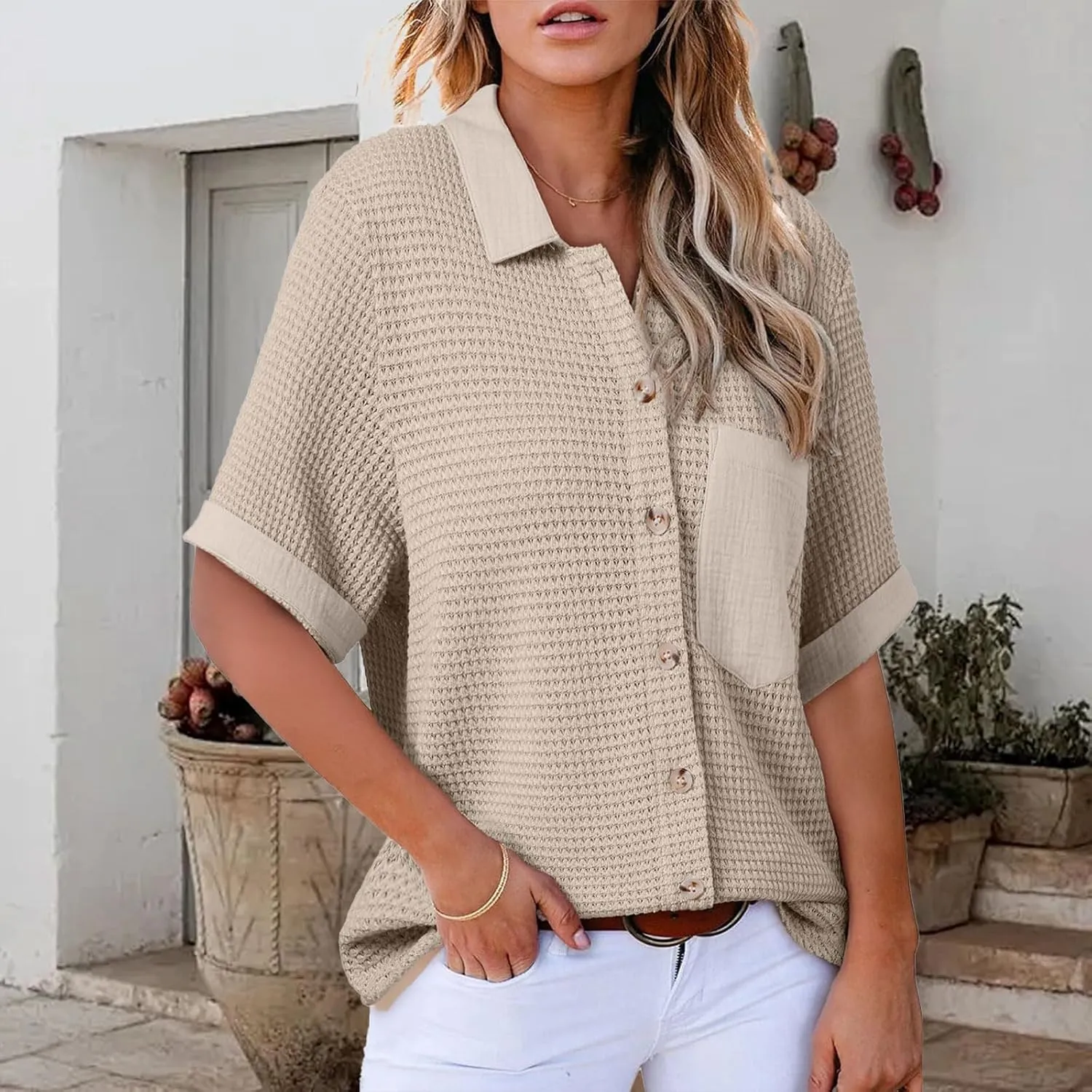 Womens Summer Tops Dressy Waffle Button Down Shirts Casual Short Sleeve V Neck Blouses Loose Formal Work Office Tops
