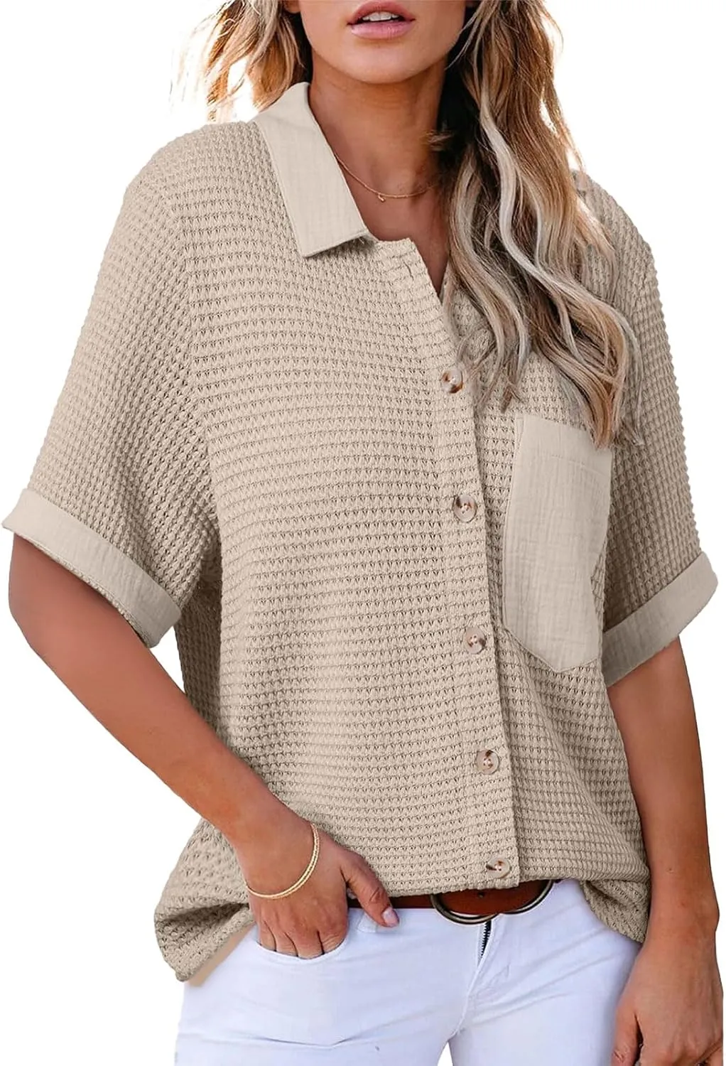 Womens Summer Tops Dressy Waffle Button Down Shirts Casual Short Sleeve V Neck Blouses Loose Formal Work Office Tops