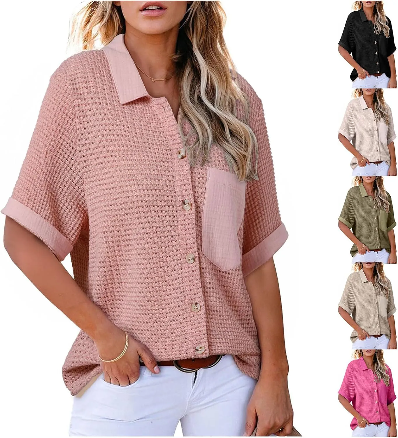 Womens Summer Tops Dressy Waffle Button Down Shirts Casual Short Sleeve V Neck Blouses Loose Formal Work Office Tops