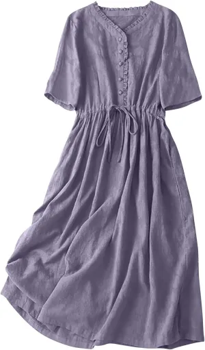 Womens Summer Trendy Textured Midi Dresses Casual Elbow Length Sleeve V Neck Drawstring Waist Pleated Flowy Boho Dress