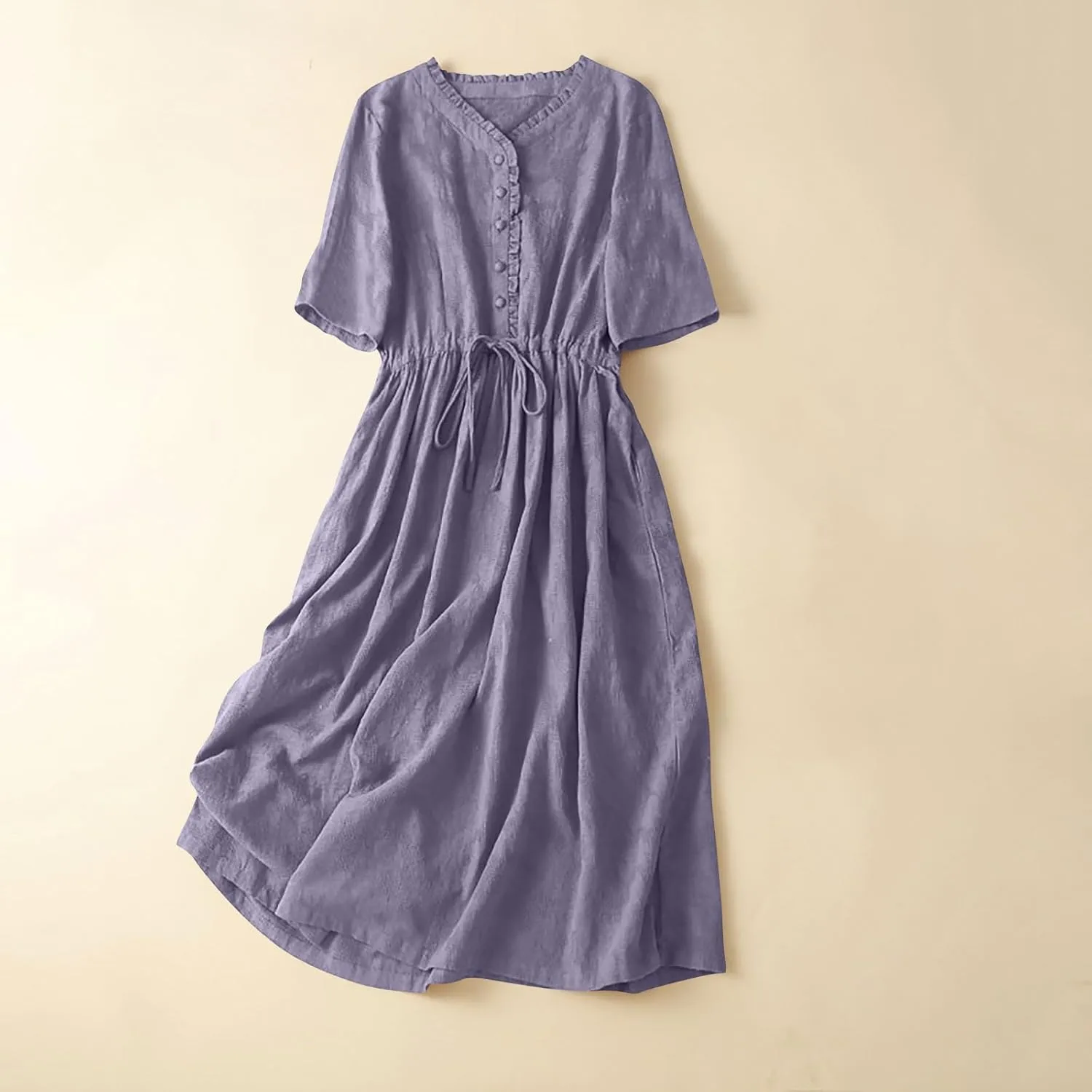 Womens Summer Trendy Textured Midi Dresses Casual Elbow Length Sleeve V Neck Drawstring Waist Pleated Flowy Boho Dress
