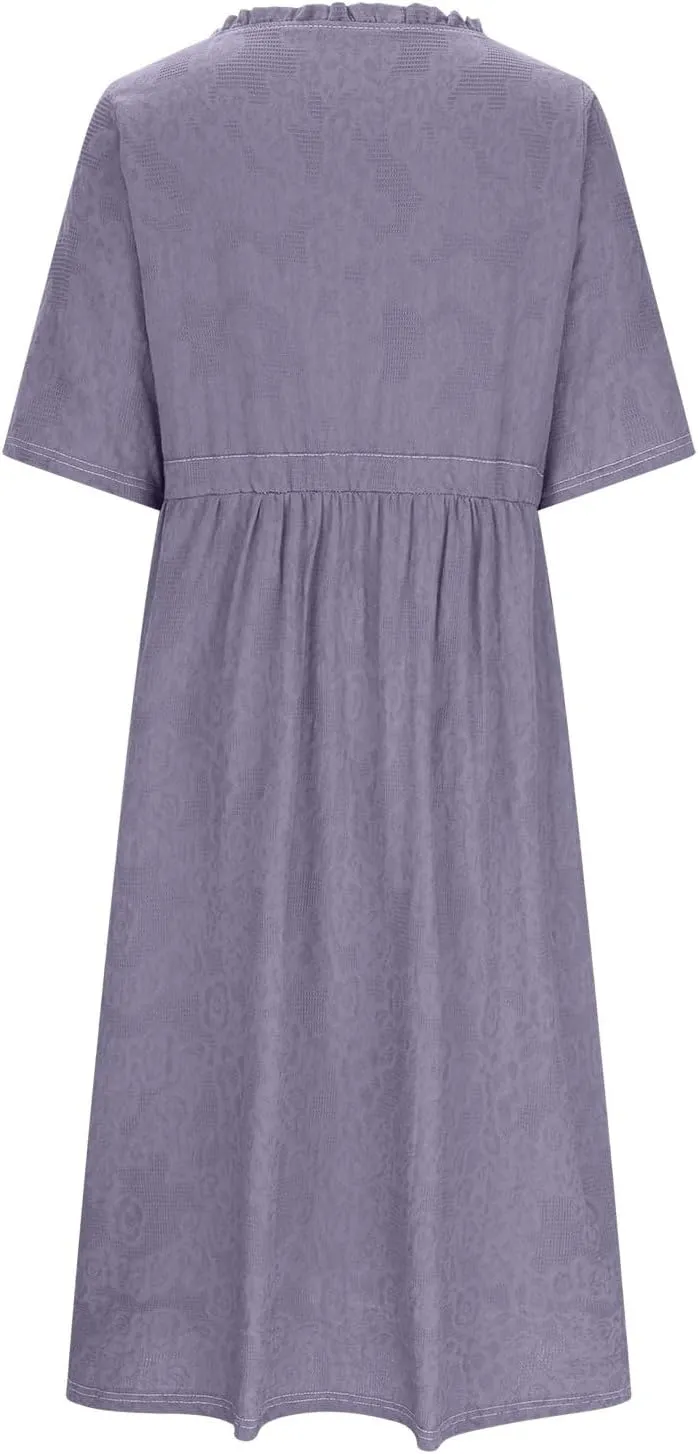Womens Summer Trendy Textured Midi Dresses Casual Elbow Length Sleeve V Neck Drawstring Waist Pleated Flowy Boho Dress