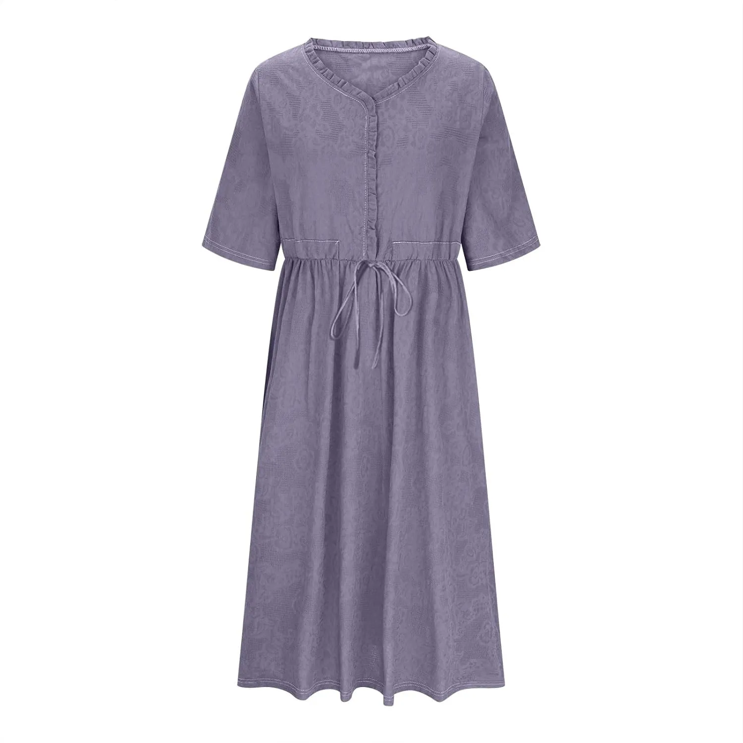 Womens Summer Trendy Textured Midi Dresses Casual Elbow Length Sleeve V Neck Drawstring Waist Pleated Flowy Boho Dress