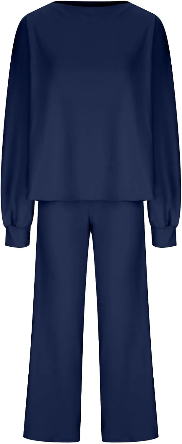 Women's Sweater Set 2 Piece Matching Sets Long Sleeve Knit Top and Wide Leg Pants Winter Lounge Outfit Casual Sets