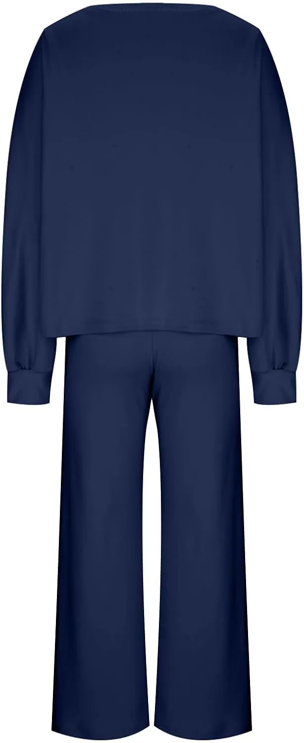 Women's Sweater Set 2 Piece Matching Sets Long Sleeve Knit Top and Wide Leg Pants Winter Lounge Outfit Casual Sets