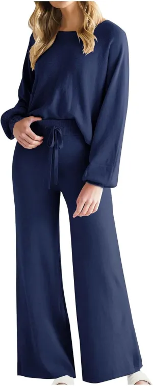 Women's Sweater Set 2 Piece Matching Sets Long Sleeve Knit Top and Wide Leg Pants Winter Lounge Outfit Casual Sets