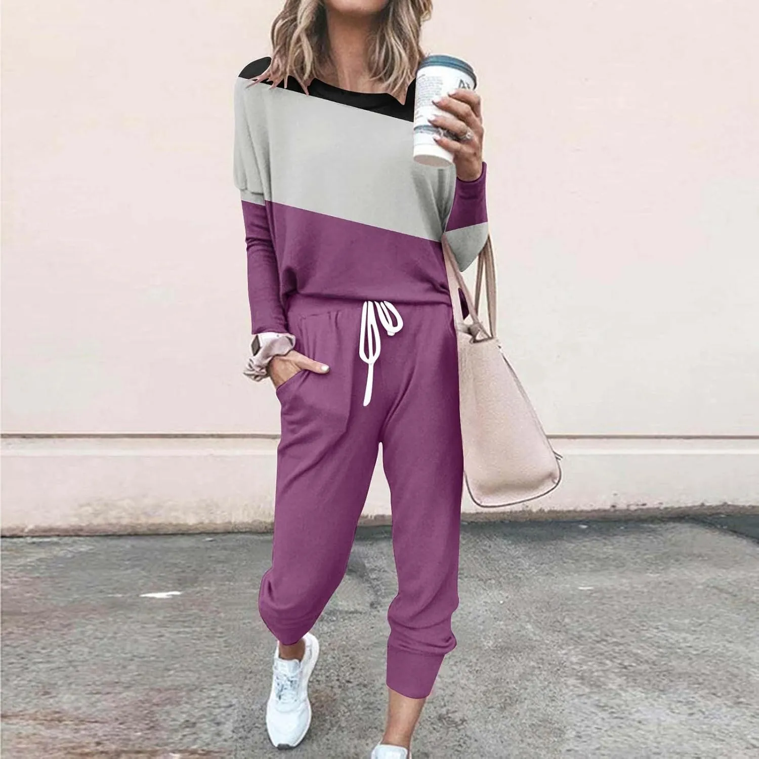 Womens Sweatsuits 2 Piece Set Sleeve Crewneck Pullover Tops and Long Pants Tracksuit Sweatsuits with Sweatpants