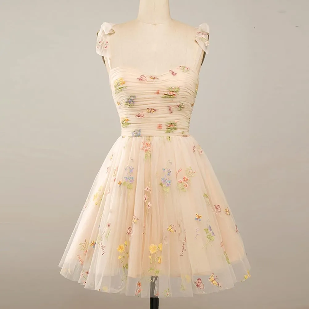 Women's Tie Strap Tulle Prom Dresses Sweetheart Flower Embroidery Dress Short Formal Party Mini Homecoming Dresses