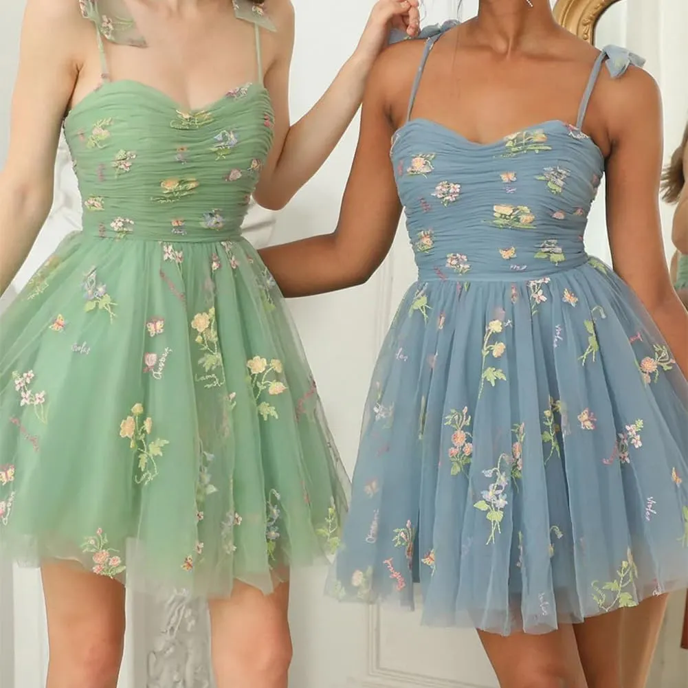 Women's Tie Strap Tulle Prom Dresses Sweetheart Flower Embroidery Dress Short Formal Party Mini Homecoming Dresses